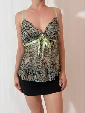 Green Snakeskin Print Mesh Sheer Fairy Y2K Festival Cami